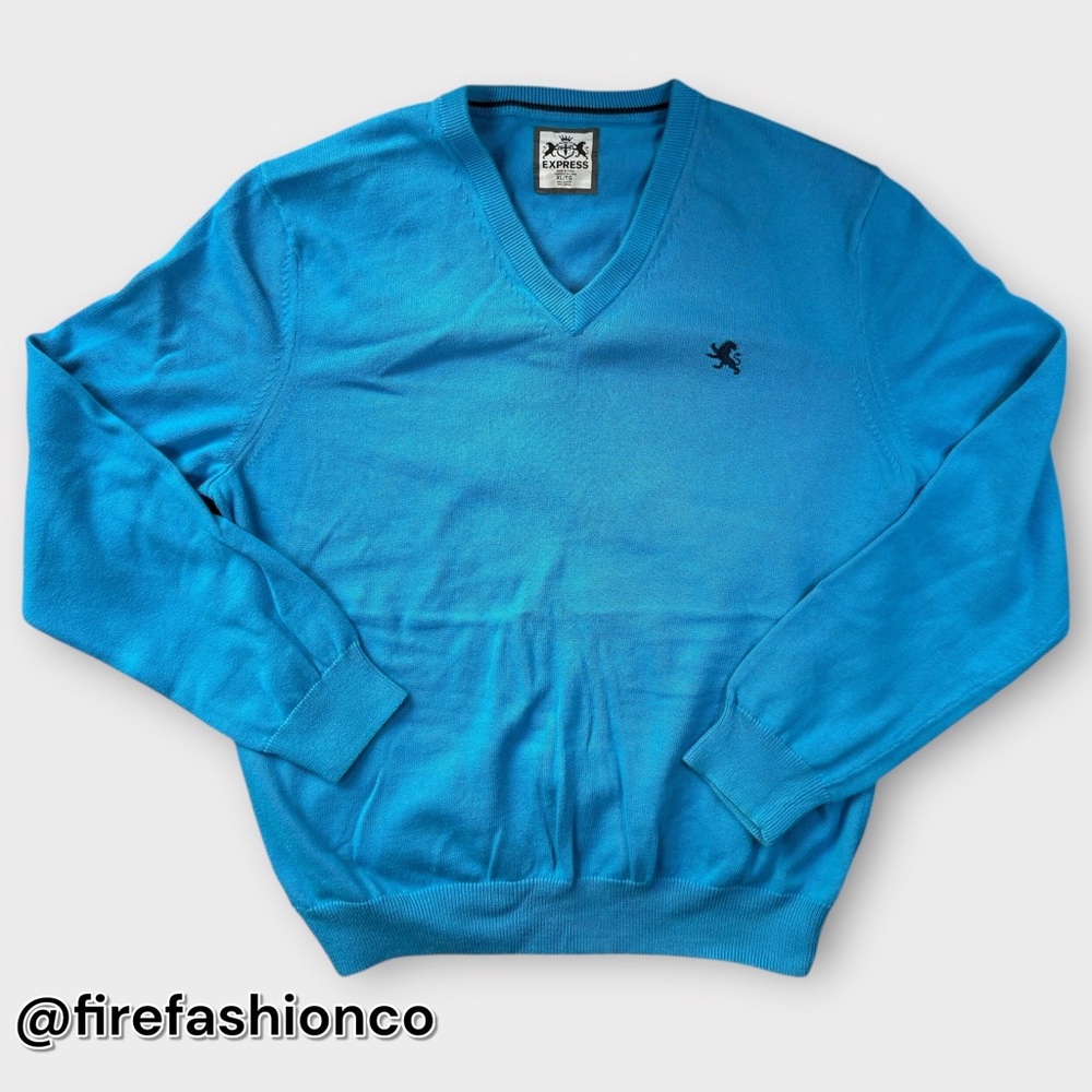 Express Blue Cotton V-Neck Sweater XL Preppy Classic Crest Office Casual Career